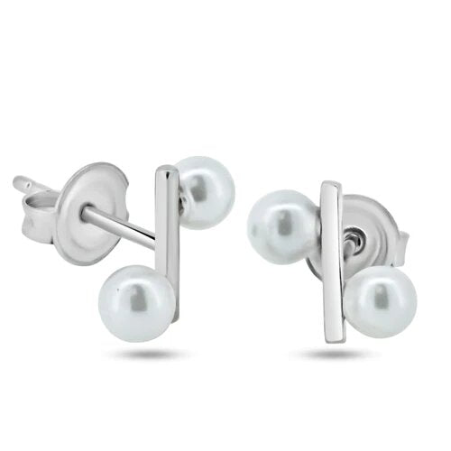Sterling Silver Rhodium Plated Bar with Synthetic Pearl Stud Earrings