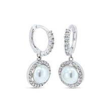 Load image into Gallery viewer, Sterling Silver Rhodium Plated CZ Mother of Pearl 11.2mm Hoop Earrings