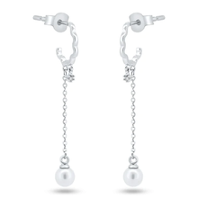 Load image into Gallery viewer, Sterling Silver Rhodium Plated Dangling Pearl Semi Hoop CZ Earrings