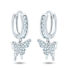 Load image into Gallery viewer, Sterling Silver Rhodium Plated Dangling Butterfly Huggie Earrings