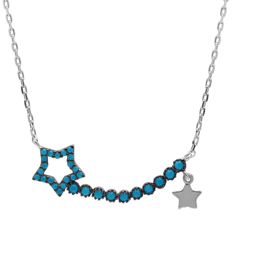 Sterling Silver Rhodium Plated Turquoise Open Star Necklace
