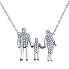 Load image into Gallery viewer, Sterling Silver Rhodium Plated Open CZ Heart MomAnd Dad And A Boy Family Necklace
