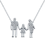 Sterling Silver Rhodium Plated Open CZ Heart MomAnd Dad And A Girl Family Necklace
