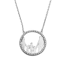 Load image into Gallery viewer, Sterling Silver Rhodium Plated Open CZ Heart MomAnd Dad And All Boys Family Necklace