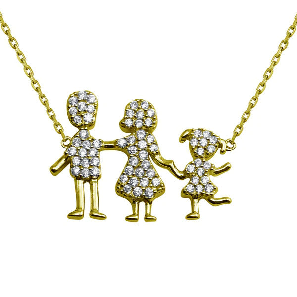 Sterling Silver Gold Plated Daughter and Parents Family Necklace Pendant Dimensions-15.4mmx21.1mm, Chain Length-16+2