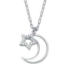 Load image into Gallery viewer, Sterling Silver Rhodium Plated CZ Synthetic MOP Star and Crescent Moon Necklace