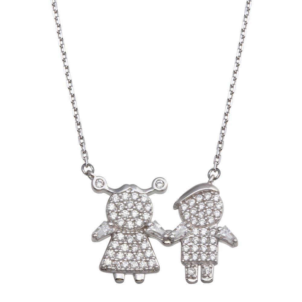 Sterling Silver Rhodium Plated CZ Brother and Sister Family Necklace - silverdepot