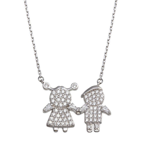 Sterling Silver Rhodium Plated CZ Brother and Sister Family Necklace