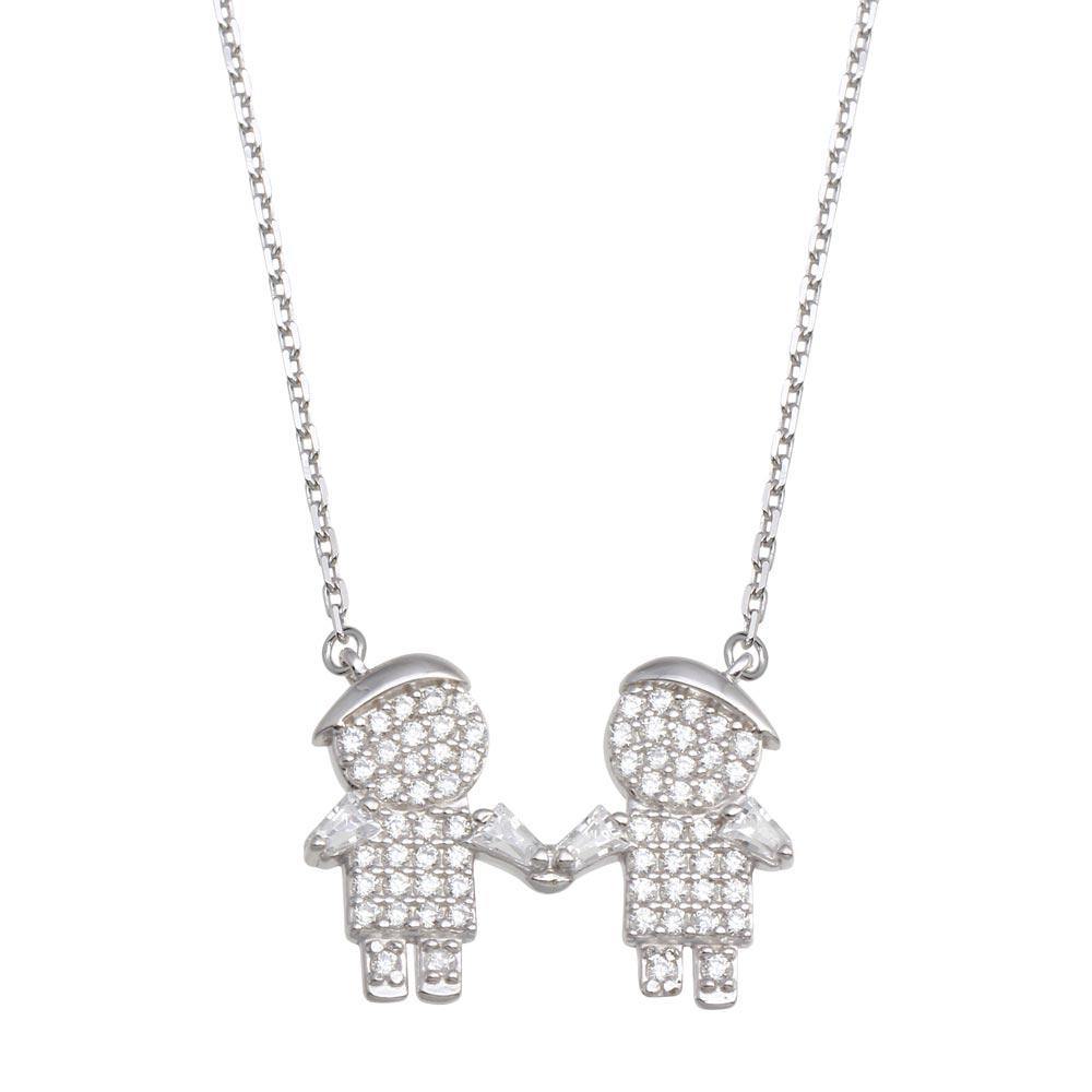 Sterling Silver Rhodium Plated CZ 2 Boys Family Necklace - silverdepot