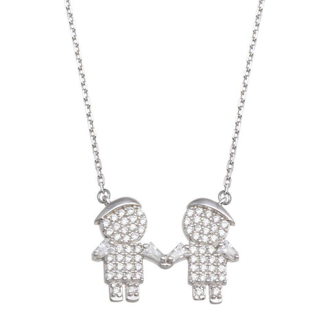 Sterling Silver Rhodium Plated CZ 2 Boys Family Necklace