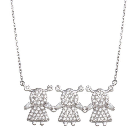 Sterling Silver Rhodium Plated CZ 3 Girls Family Necklace