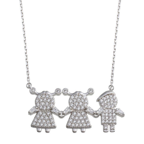Sterling Silver Rhodium Plated CZ 2 Girls 1 Boys Family Necklace