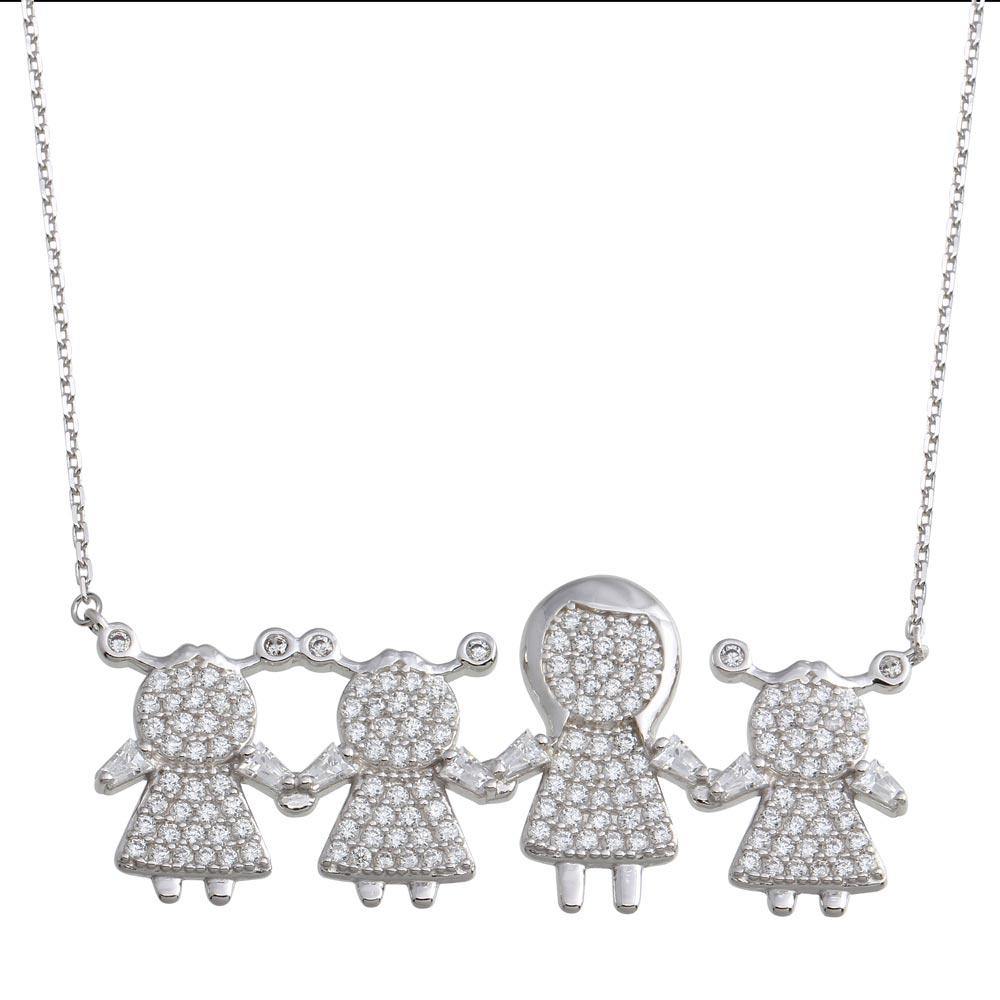 Sterling Silver Rhodium Plated CZ 3 Girls and Mom Family Necklace - silverdepot