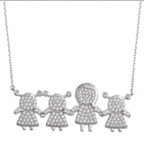 Sterling Silver Rhodium Plated CZ 3 Girls and Mom Family Necklace