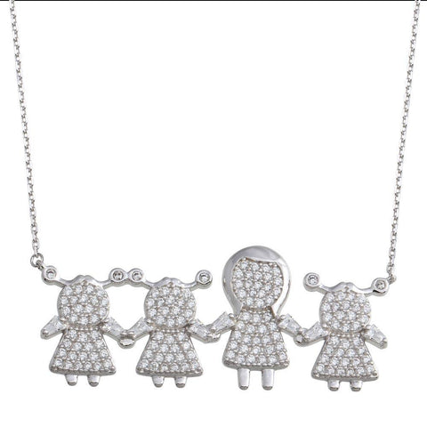 Sterling Silver Rhodium Plated CZ 3 Girls and Mom Family Necklace