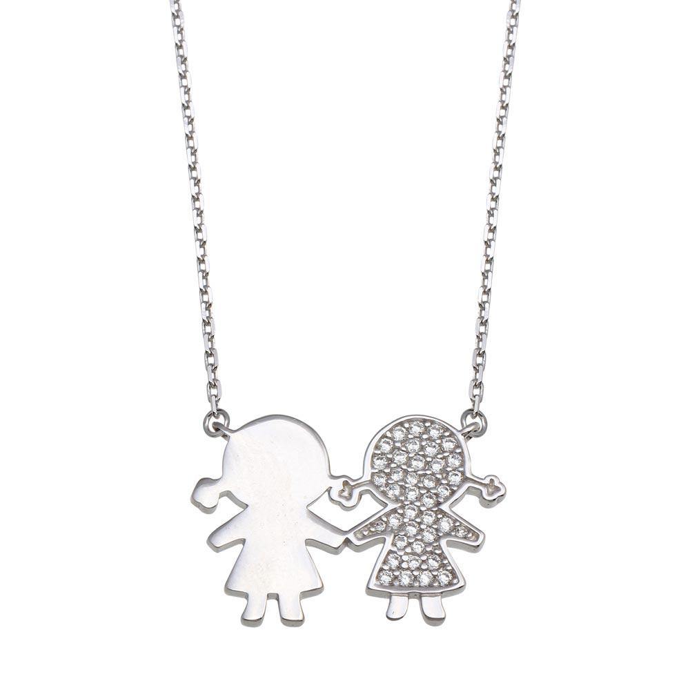Sterling Silver Rhodium Plated CZ Girls Family Necklace - silverdepot