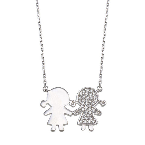 Sterling Silver Rhodium Plated CZ Girls Family Necklace