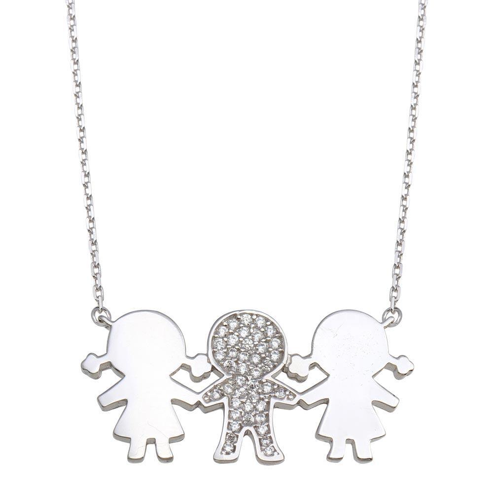 Sterling Silver Rhodium Plated CZ 2 Girls and 1 Boy Family Necklace - silverdepot
