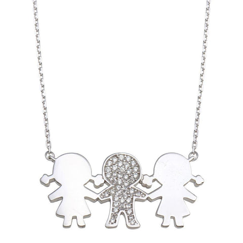 Sterling Silver Rhodium Plated CZ 2 Girls and 1 Boy Family Necklace