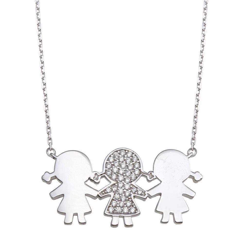 Sterling Silver Rhodium Plated CZ 3 Girls Family Necklace - silverdepot