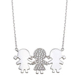 Sterling Silver Rhodium Plated CZ 3 Girls Family Necklace