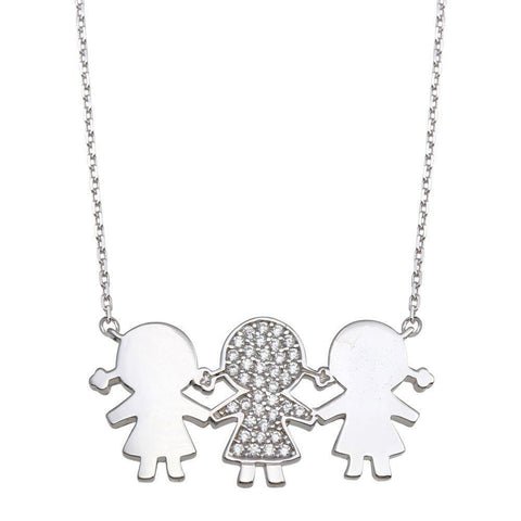 Sterling Silver Rhodium Plated CZ 3 Girls Family Necklace
