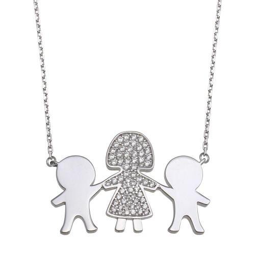 Sterling Silver Rhodium Plated CZ 2 Boys and Mom Family Necklace - silverdepot