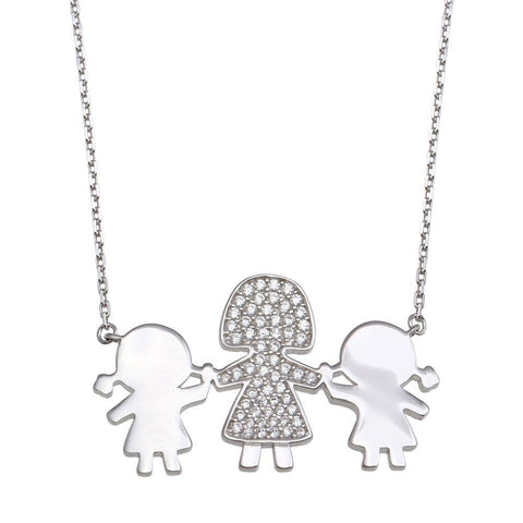 Sterling Silver Rhodium Plated CZ 2 Girls and Mom Family Necklace