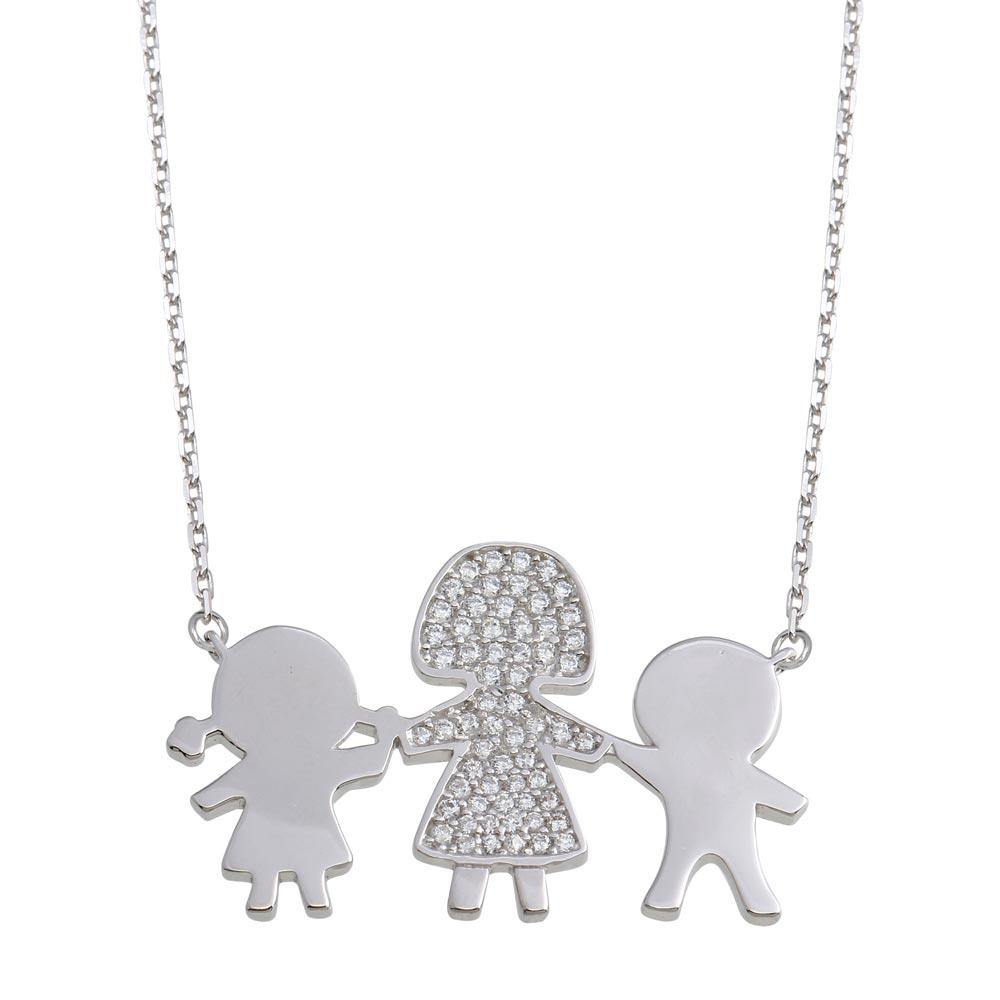 Sterling Silver Rhodium Plated CZ Boy, Girl and Mom Family Necklace - silverdepot