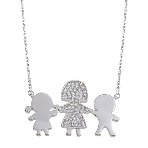 Sterling Silver Rhodium Plated CZ Boy, Girl and Mom Family Necklace