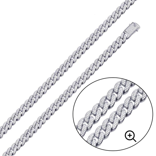 Sterling Silver Rhodium Plated Miami Curb CZ Hip Hop Chain Width-9mm