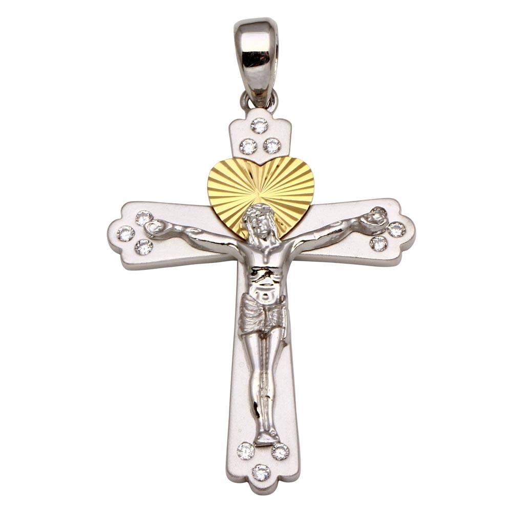 Sterling Silver Two-Toned Crucifix Heart Pendant with CZ Pendant