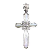 Load image into Gallery viewer, Sterling Silver Rhodium Plated MOP CZ Flower Center Cross Pendant