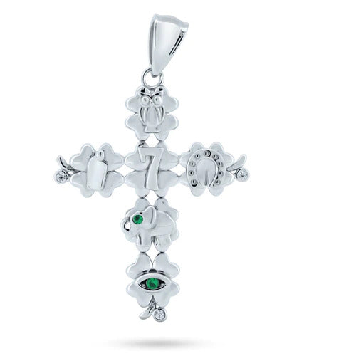 Sterling Silver Rhodium Plated CZ Lucky Cross Pendant