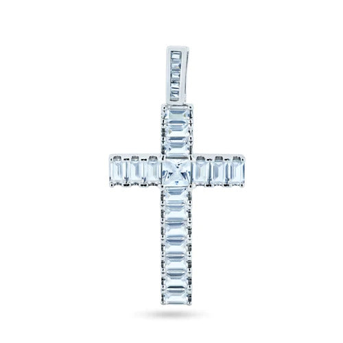 Sterling Silver Rhodium Plated CZ Baguette Cross Pendant