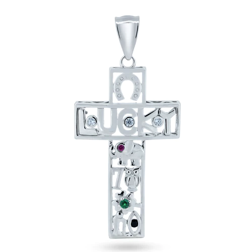 Sterling Silver Rhodium Plated Lucky Cross CZ Pendant