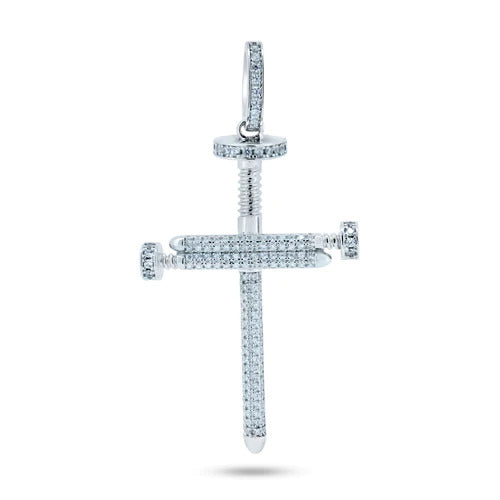 Sterling Silver Rhodium Plated CZ Large Nail Cross Pendant