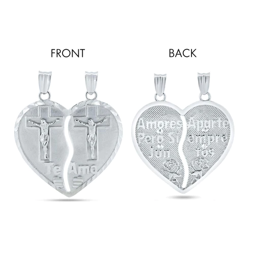 Sterling Silver Rhodium Plated Diamond Cut Broken Heart Cross Design With Latin Words Pendant