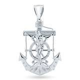 Sterling Silver Rhodium Plated Anchor Helm Cross CZ Pendant