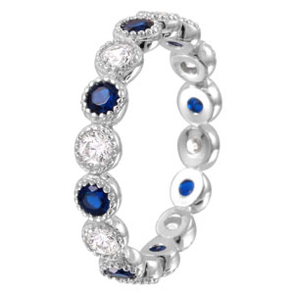Sterling Silver Rhodium Plated Round Blue Sapphire and Clear Cz  Eternity Stackable Ring