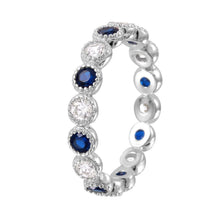 Load image into Gallery viewer, Sterling Silver Rhodium Plated Round Eternity Stackable Ring With Blue And Clear CZ