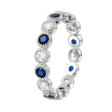 Sterling Silver Rhodium Plated Round Eternity Stackable Ring With Blue And Clear CZ