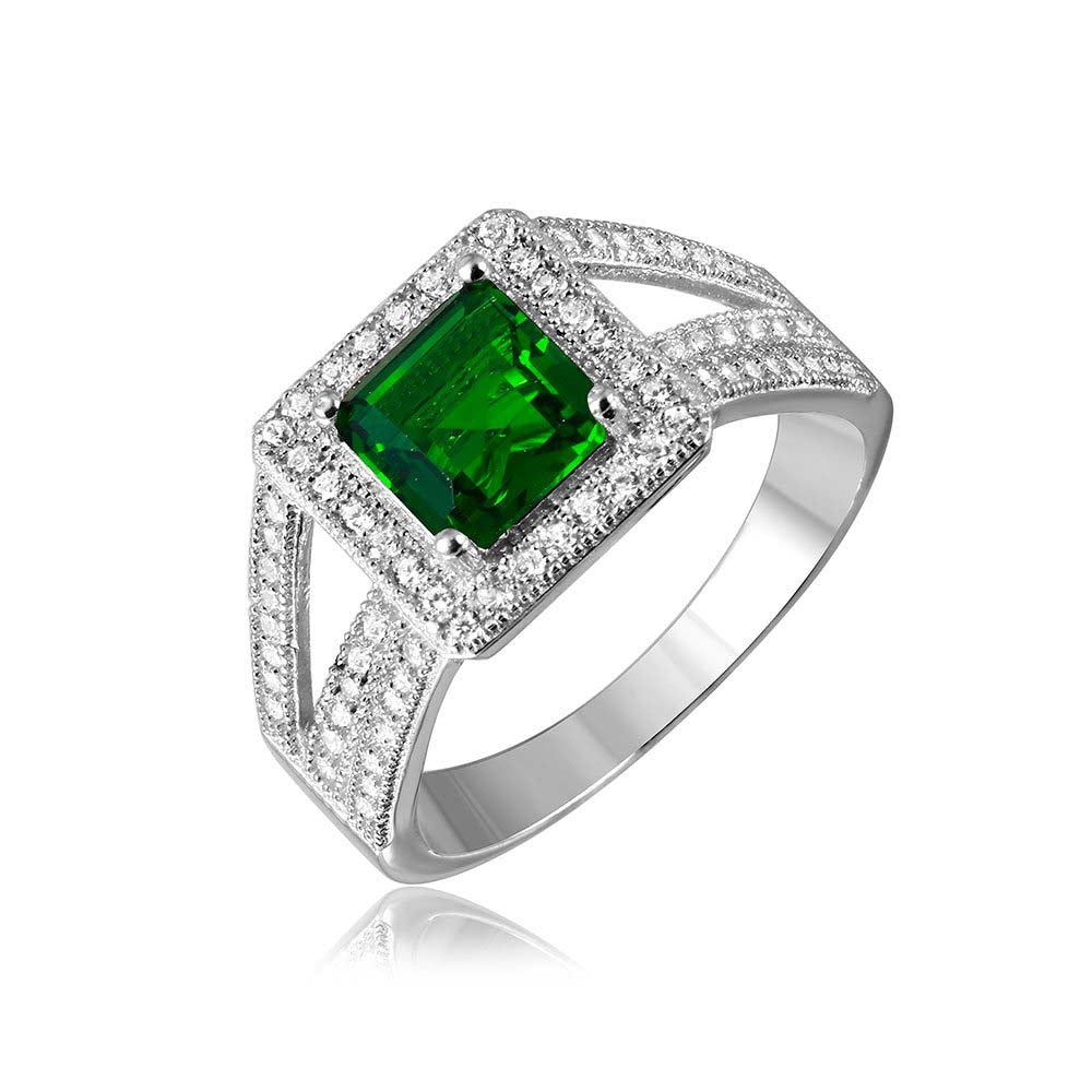 Sterling Silver Rhodium Plated  Green Square Halo with Micro Pave CZ Ring