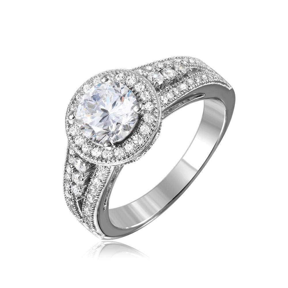 Sterling Silver Rhodium Plated Halo Ring with CZ Split Shank Band