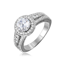 Load image into Gallery viewer, Sterling Silver Rhodium Plated Halo Ring with CZ Split Shank Band