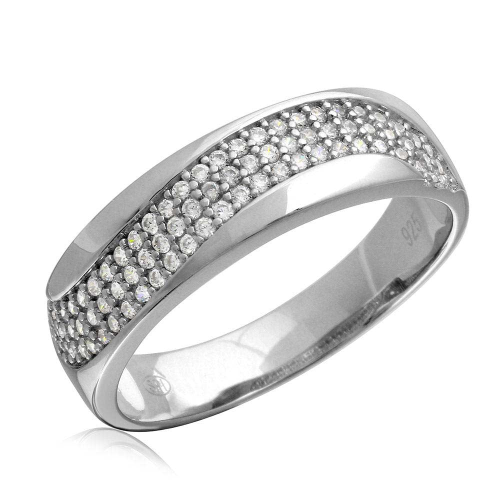 Mens Sterling Silver Rhodium Plated Wave CZ Wedding Ring