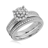 Sterling Silver Rhodium Plated Cluster Stones Wedding Ring Set
