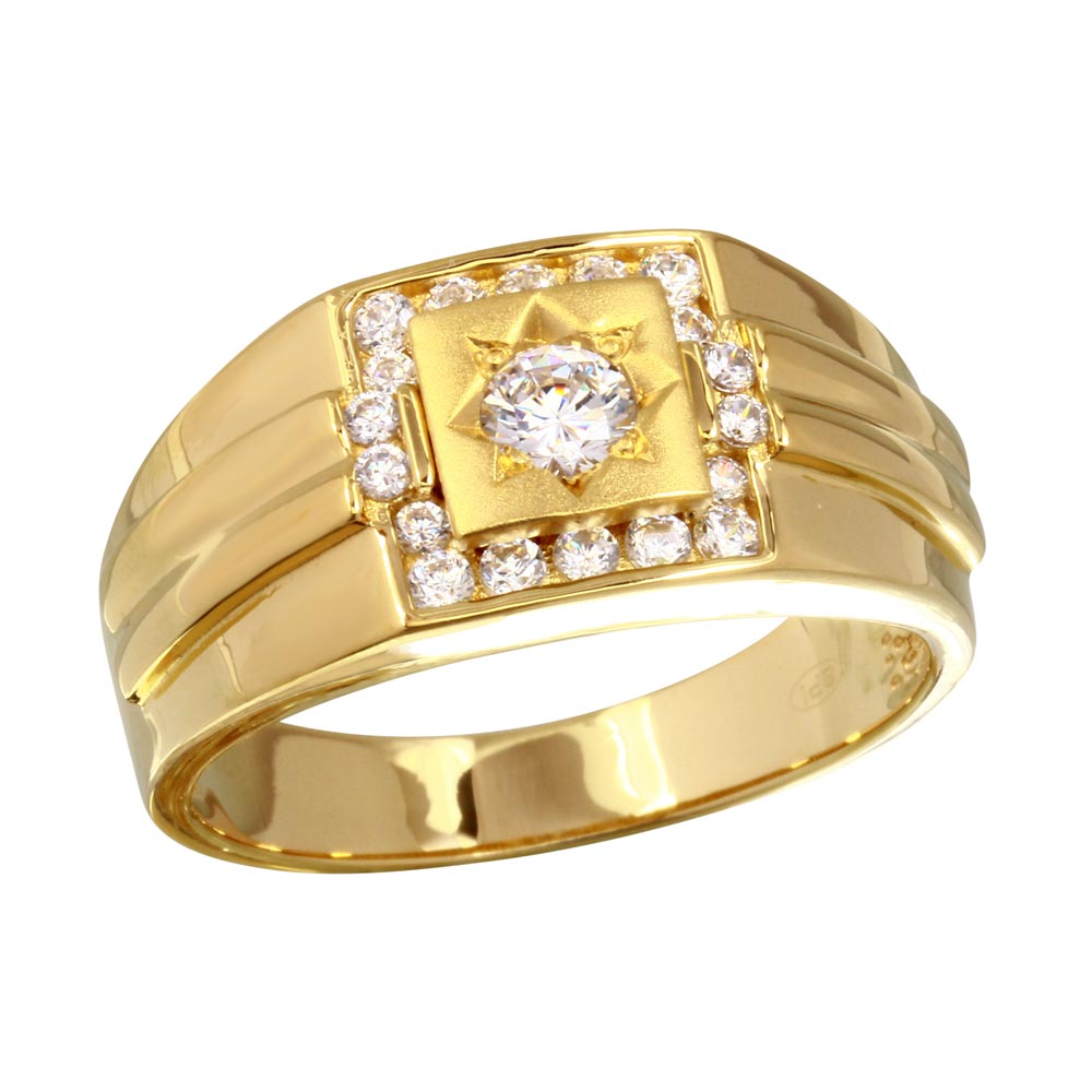 Sterling Silver Mens Gold Plated Square Ring with CZ