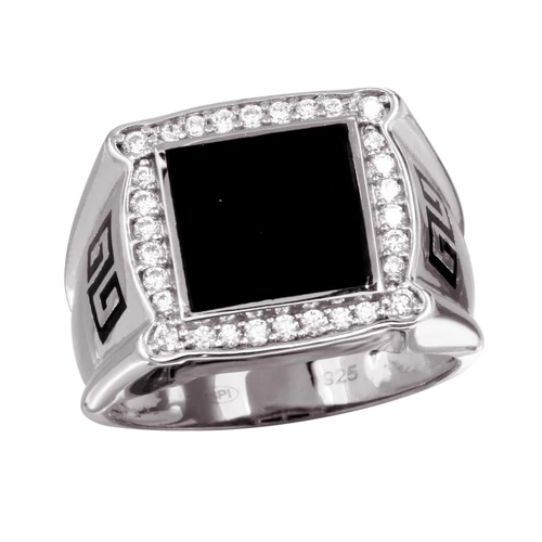 Sterling Silver Rhodium Plated Men's Flat Square Onyx Ring With CZ