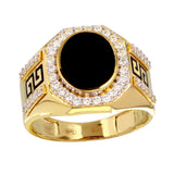 Sterling Silver Mens Gold Plated Flat Oval Onyx Ring with CZ